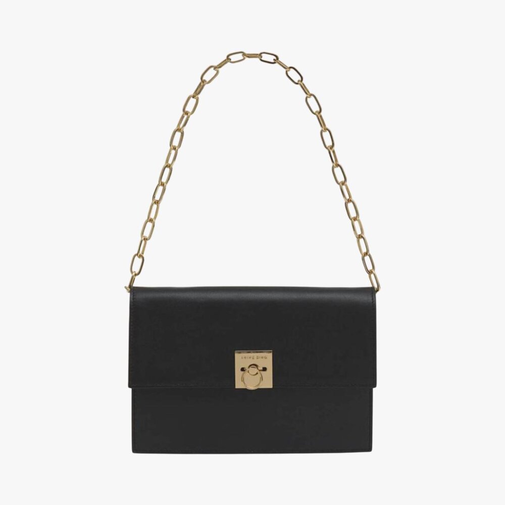 ANINE BING | 100% LEATHER "ANN" BLACK SHOULDER BAG CLUTCH WITH GOLD CHAIN